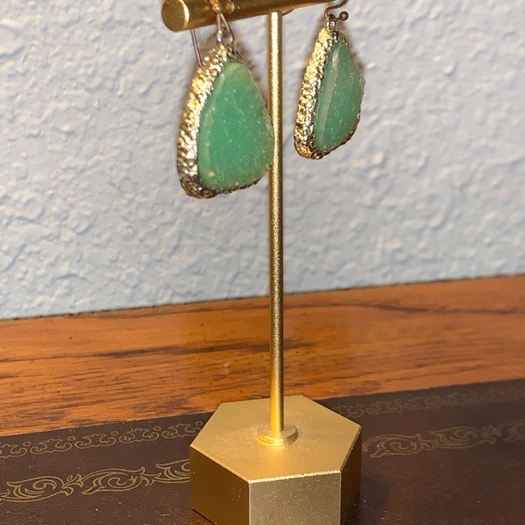 Green Druzy Earrings with Gold Trim - Picture 4 of 9